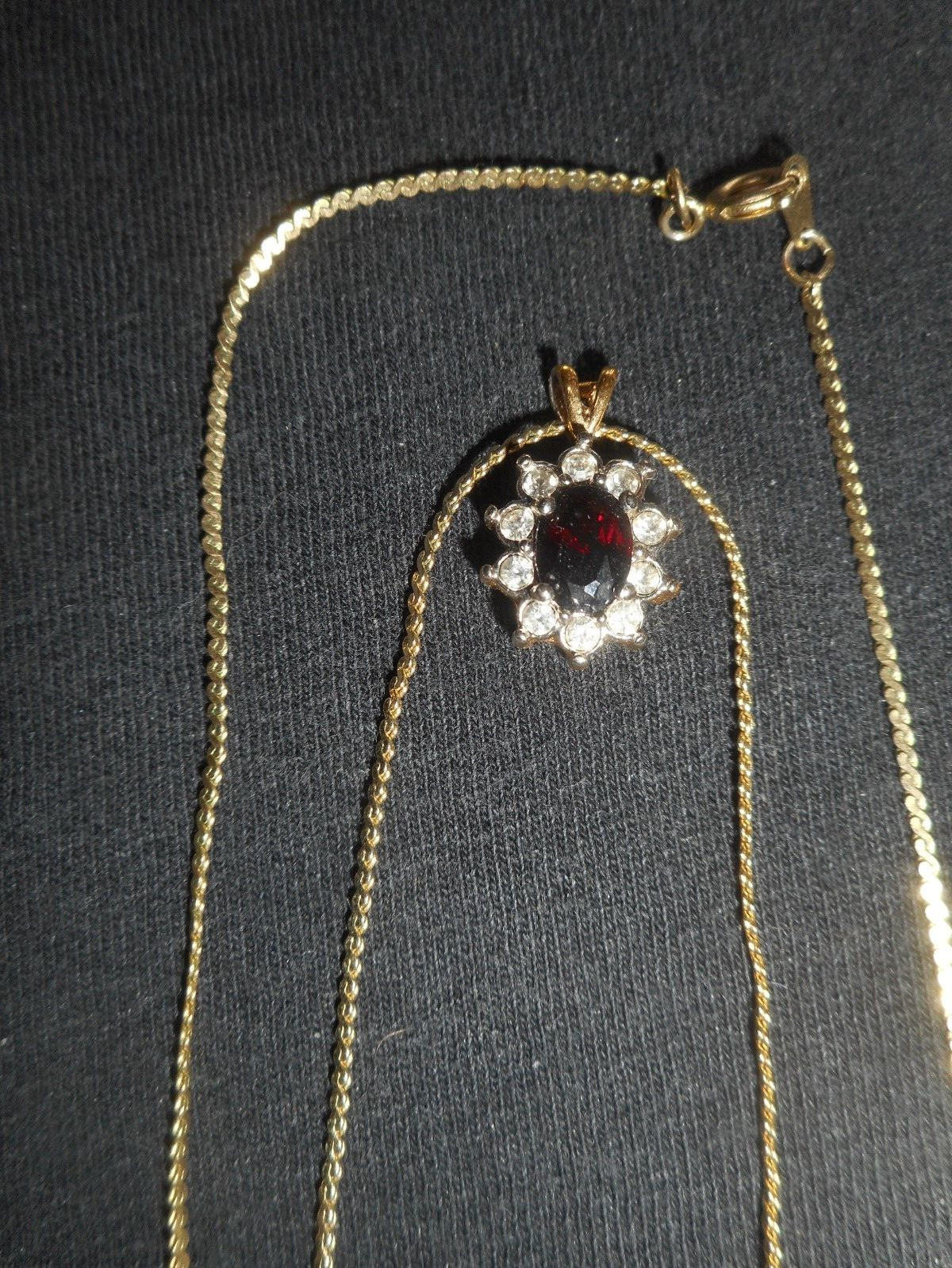 Necklace Pendant Gold Tone Ruby Faceted Rhinestone Halo Korea Chain 15 1/2in