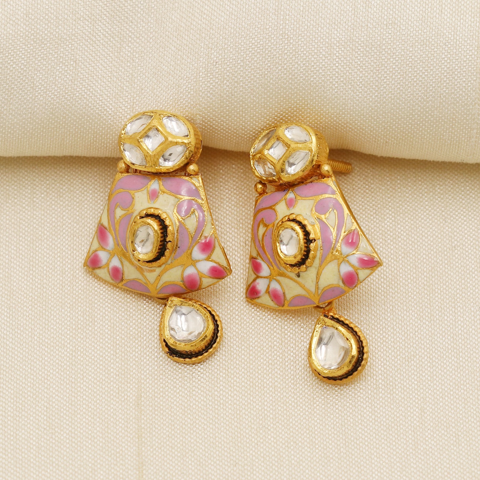22K Yellow Gold Kundan Enamel Necklace Earrings Set Pearl Beads 25.11g