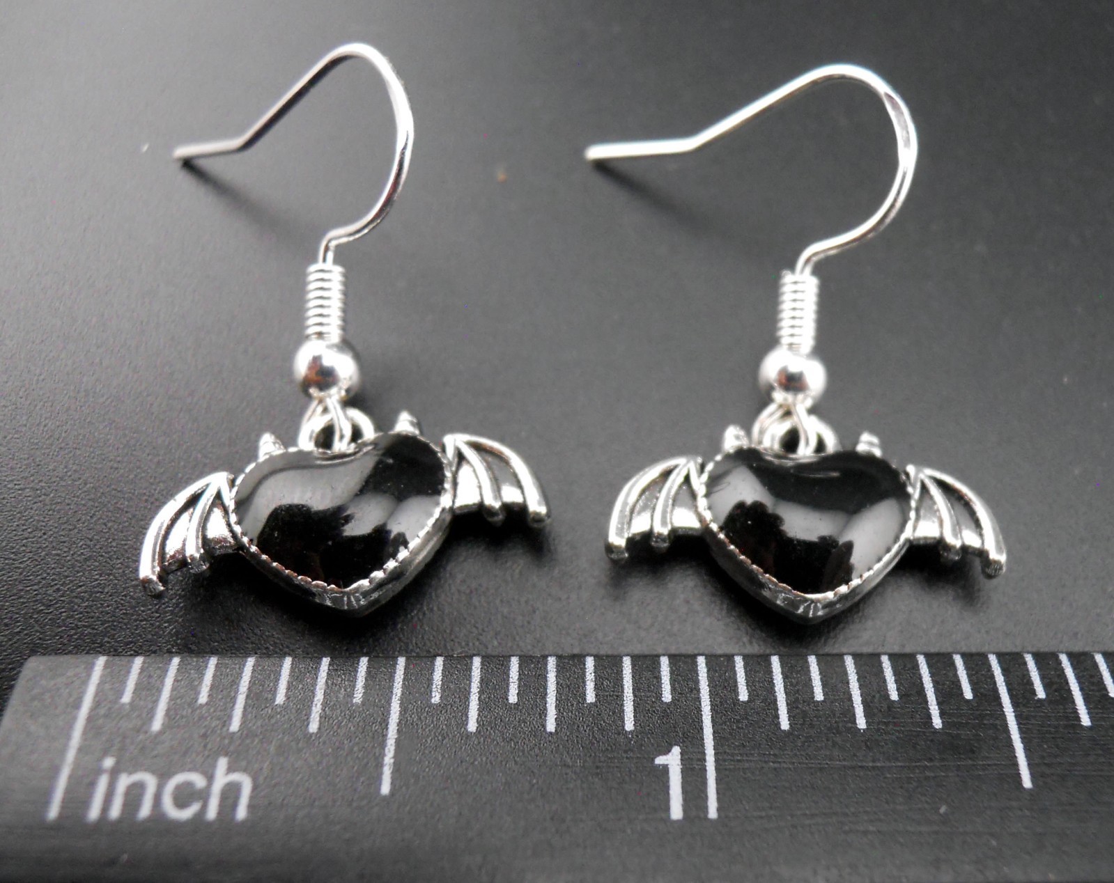 Gothic Bat Earrings Sterling Silver Ear Wires Devil Horns Black Heart Goth New