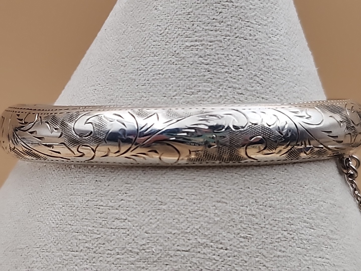 Sterling Silver Vintage Hand Engraved/Hinged Cuff Bracelet With Safety Chain