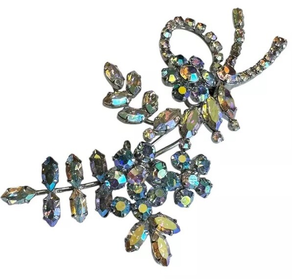 Vintage Unsigned Sherman ? AB Rhinestone Floral Brooch Pin 3-3/4”