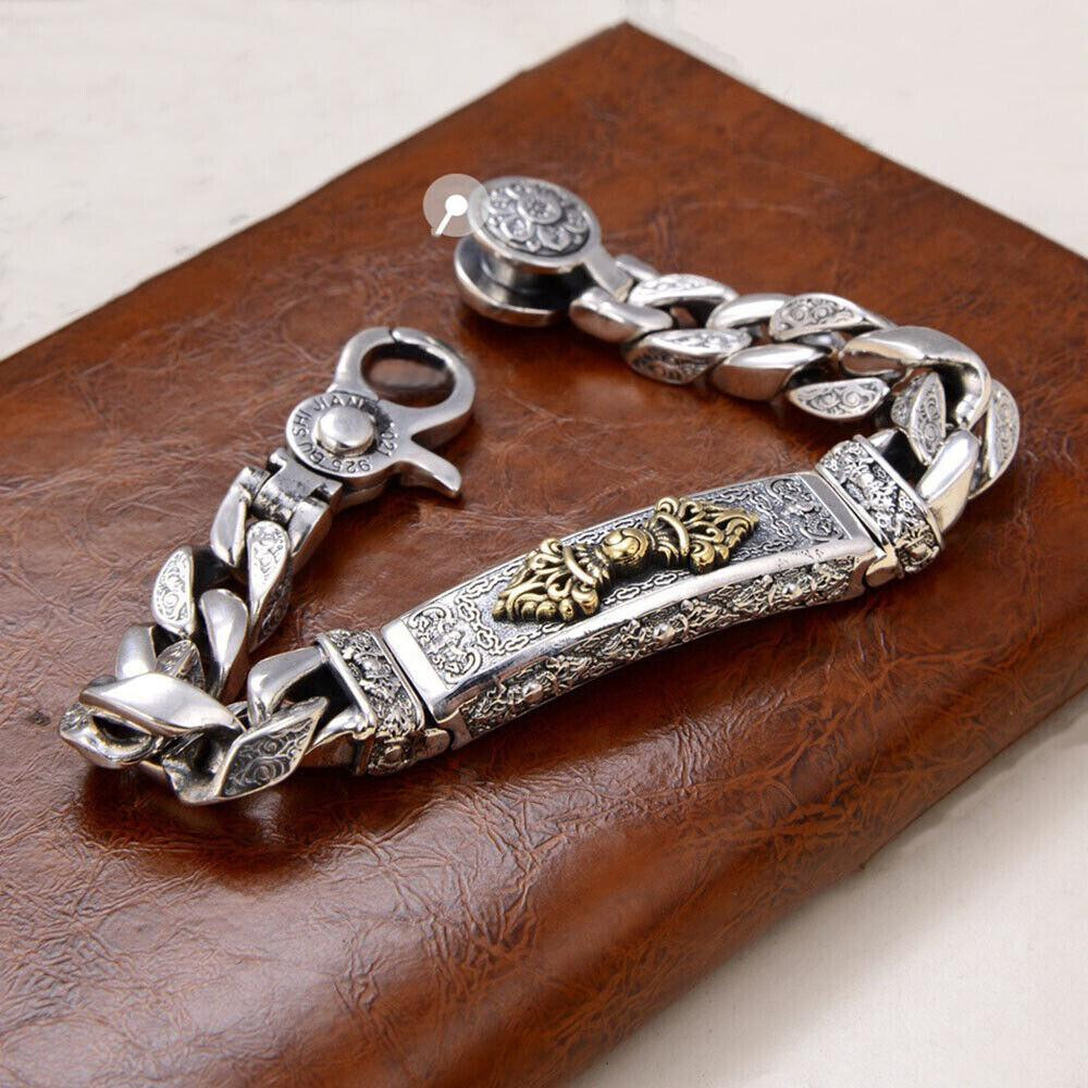 Solid 925 Sterling Silver Chain Vajra 11mm Six Words Curb Link Bracelet 7-8.7in