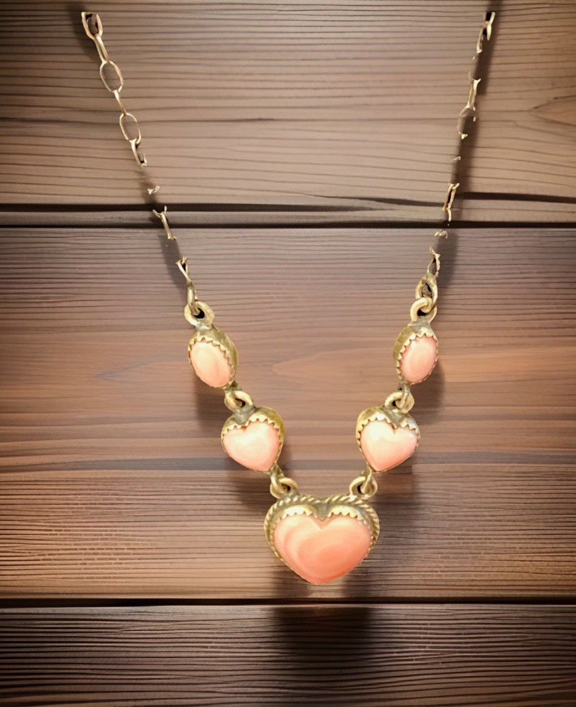 Pink Conch Shell Heart Station Necklace 18″ Cable Signed Natural Sterling 925