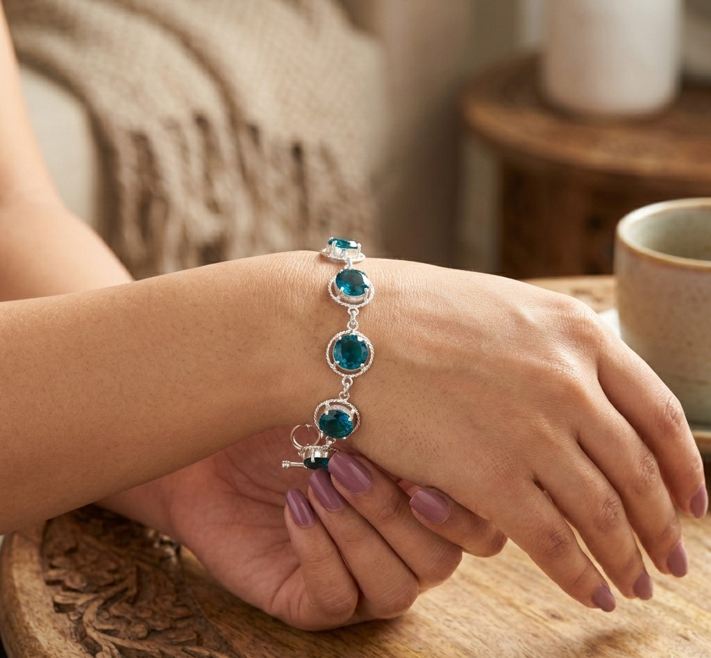 925 Silver Apatite Gemstone Jewelry Handmade Chain Bracelet 7.8″ For Girlfriend