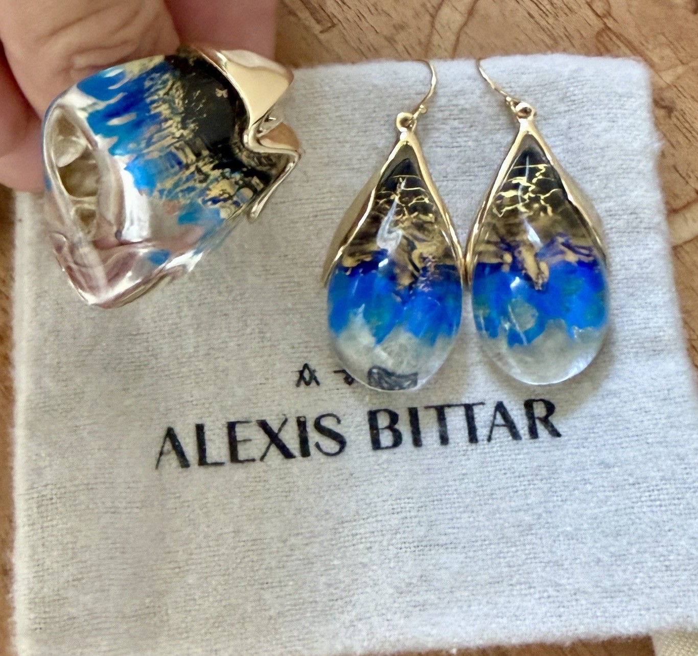 100% Authentic Alexis Bittar Clear, Gold, Black & Blue Lucite Earrings