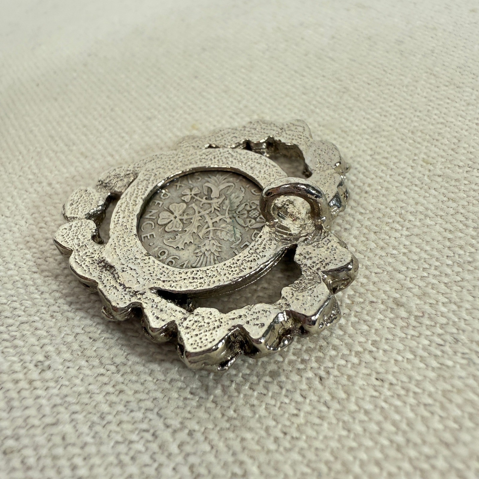 Vintage Coin Pendant Rose Flower Elizabeth II Six Pence 1964 Silver Tone