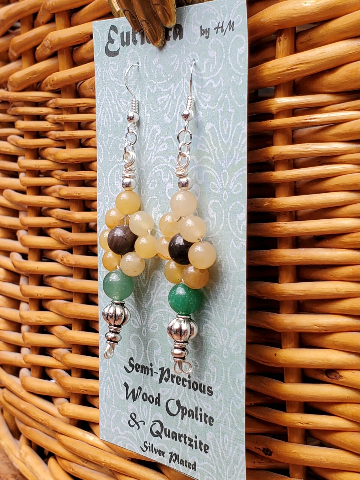 Eutierra Semi-Precious Wood Opalite & Quartzite Earrings Hand Crafted In USA 3″