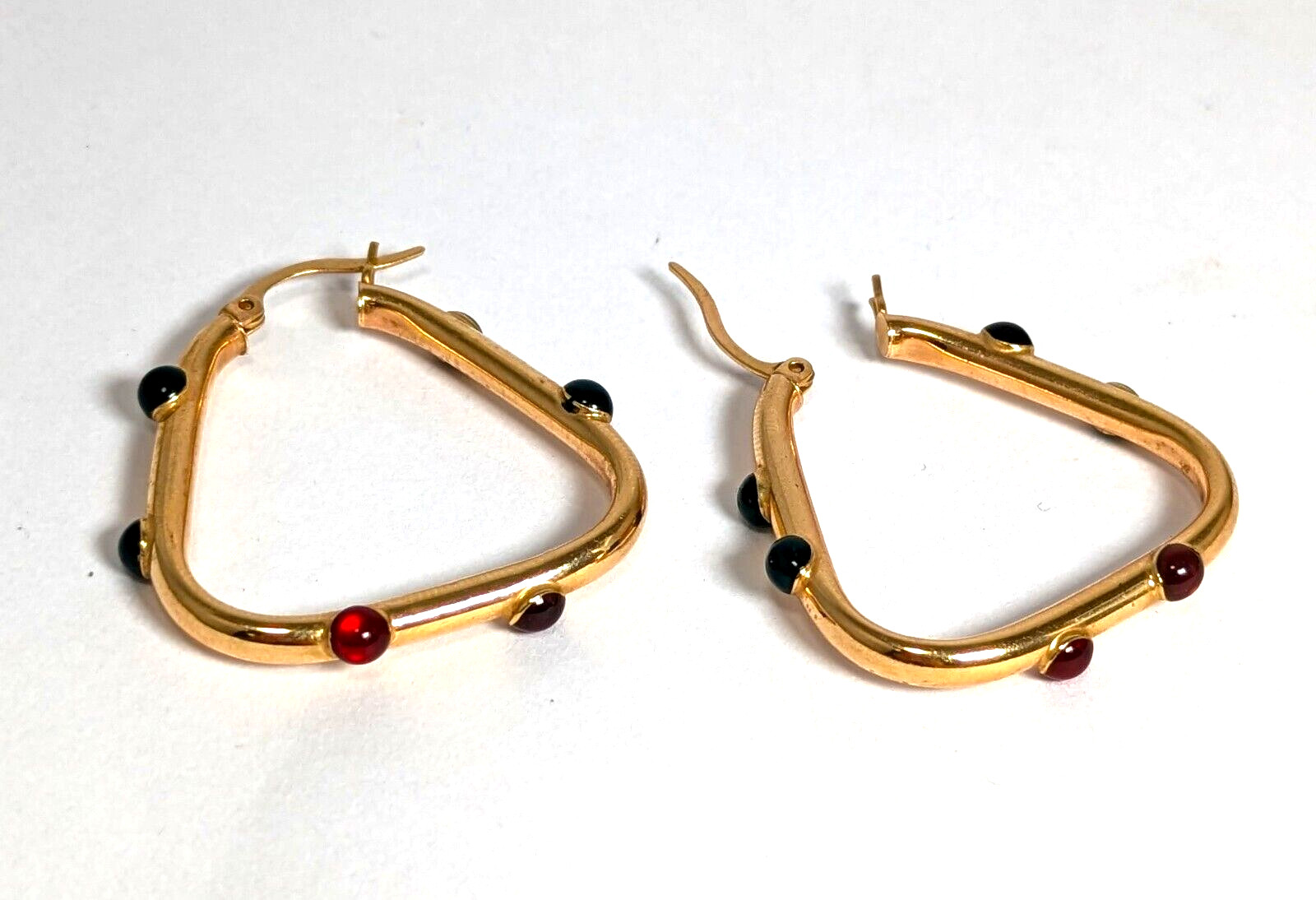 14K Gold Loop Earrings, 1-1/4” by 1-1/4”, Simulated Sapphires, Rubies& Emerald