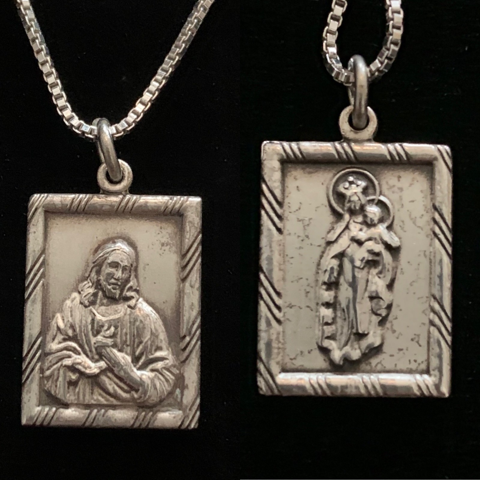 Vintage Sterling Silver Medal Pendant Necklace Sacred Heart Jesus Mary Pillar 6