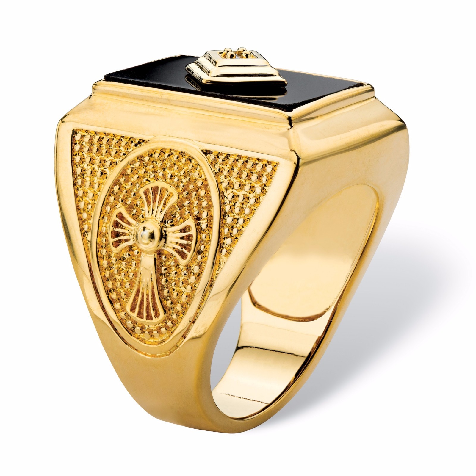 14K GOLD BLACK ONYX EMERALD CUT CROSS MENS GP RING SIZE 8 9 10 11 12 13