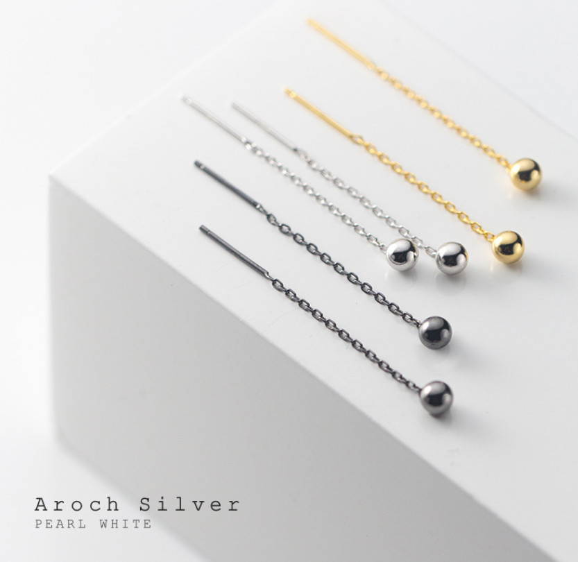Women Girl Delicate Ball Drop 2″ Threader Earrings Sterling Silver Plated AC1