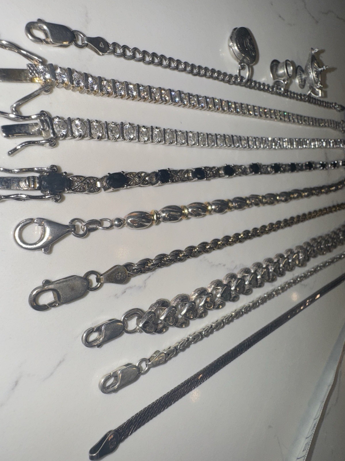 Sterling 925 7-7.5” Bracelet Lot of 9 – Melee, Tennis, Byzantine, Charms, more