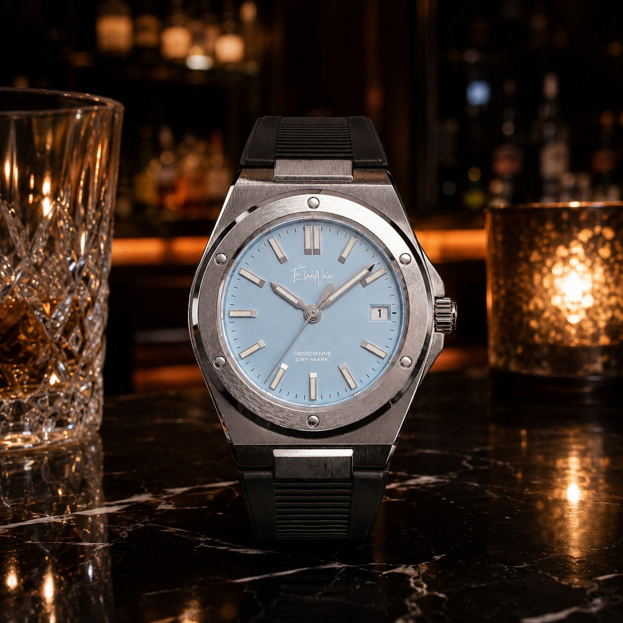 Custom Élan Noir Day-Mark Auto NH35 Watch Light Blue Dial Sapphire Steel 41mm
