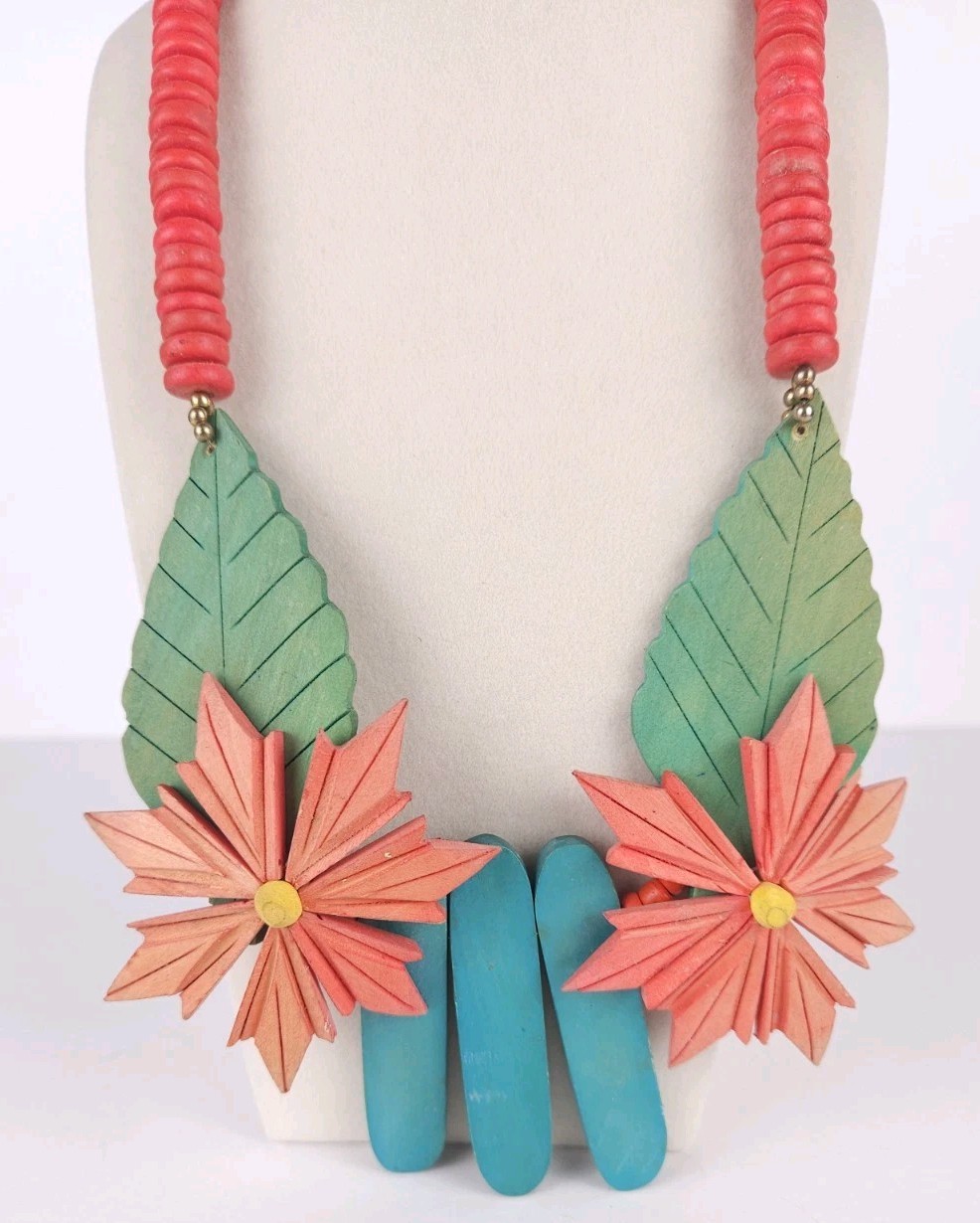 Colorful Dyed Wooden Flower Leaf Statement Beaded Necklace