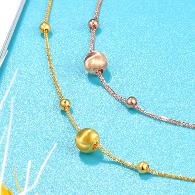 Pure Au750 18K Yellow Gold Chain Lucky Laser Beads Wheat Link Bracelet 6.1-7.2in