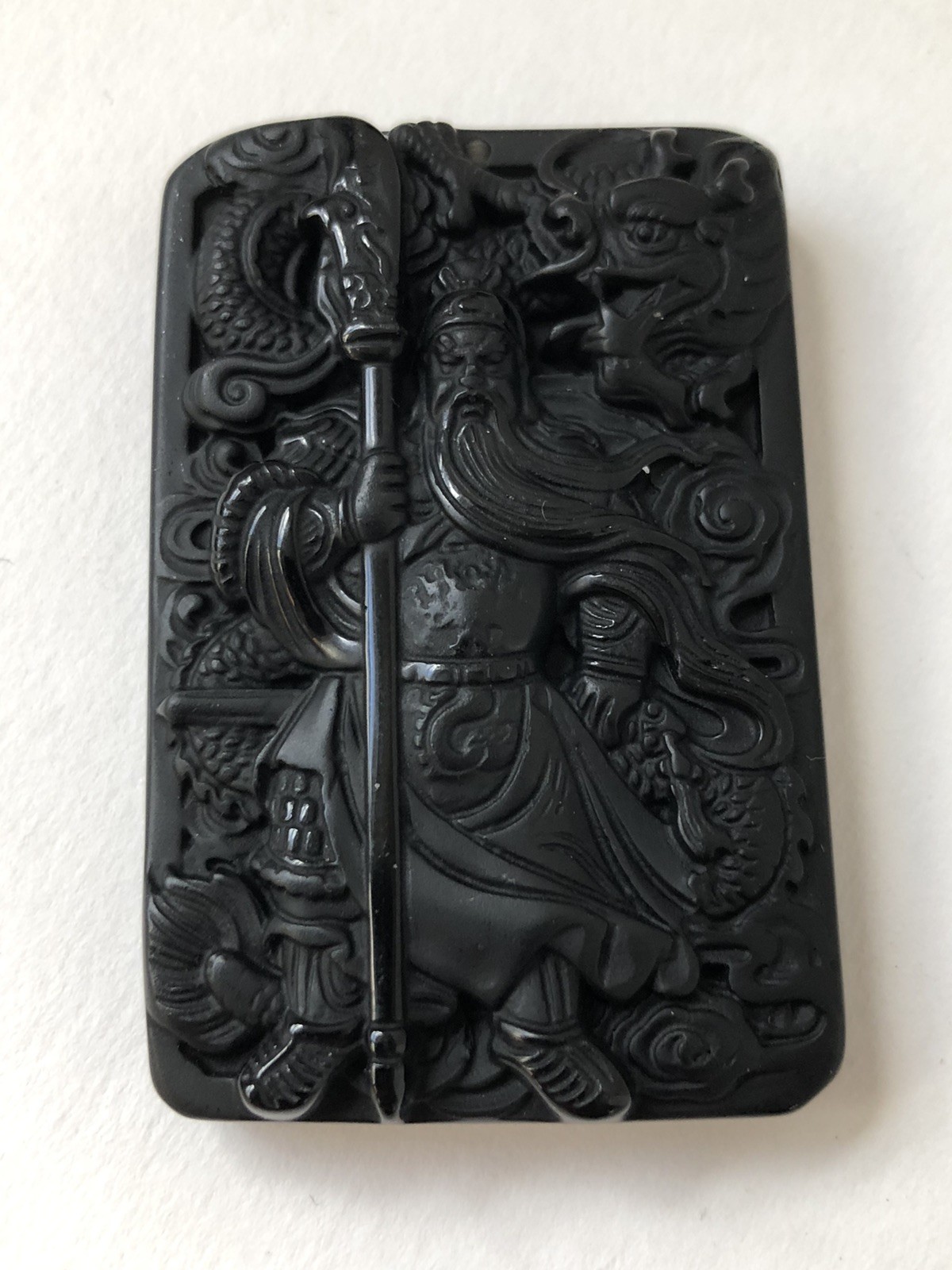 Guan Gong Natural Black Obsidian Necklace Dragon Glass Pendant ‘Guan Yu’ NEW EX