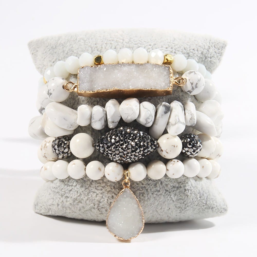 5Pcs Boho Natural Stone Beaded Stretch Bracelet Set Turquoise Crystal Jewelry