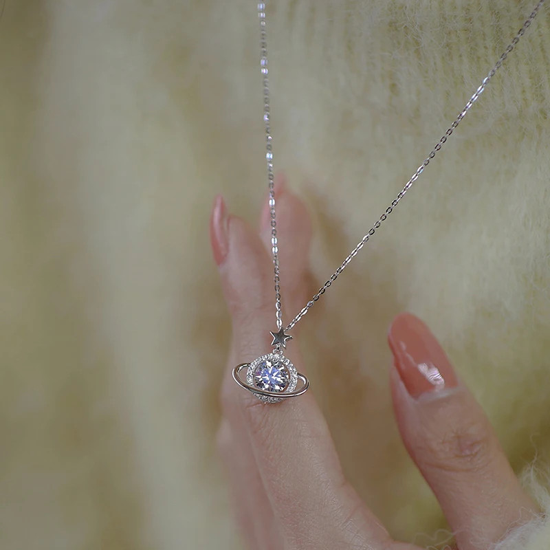 Fashion Silver Color Planet Shape Necklace Simple Charm Geometric Pendant Birthd
