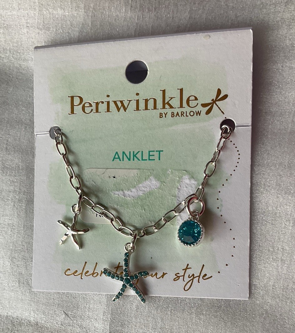 Periwinkle by Barlow Anklet. New. Silver with Light Blue Gems 2 Starfish Charms
