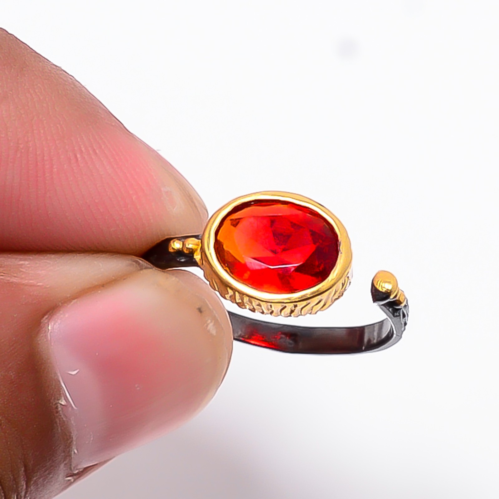 Red Garnet Black And Gold Plated 925 Sterling Silver Ring S.Adjustable R87132