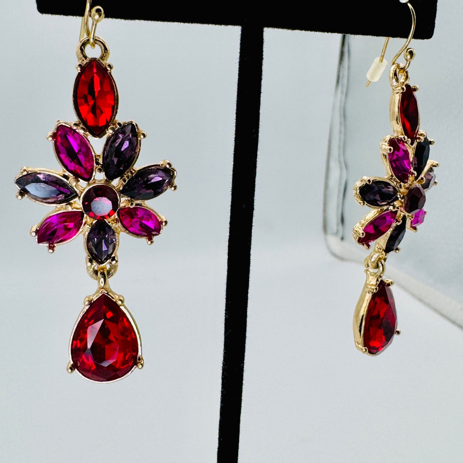 Gold Tone Red Pink Purple Crystal Flower Dangle Earrings Women