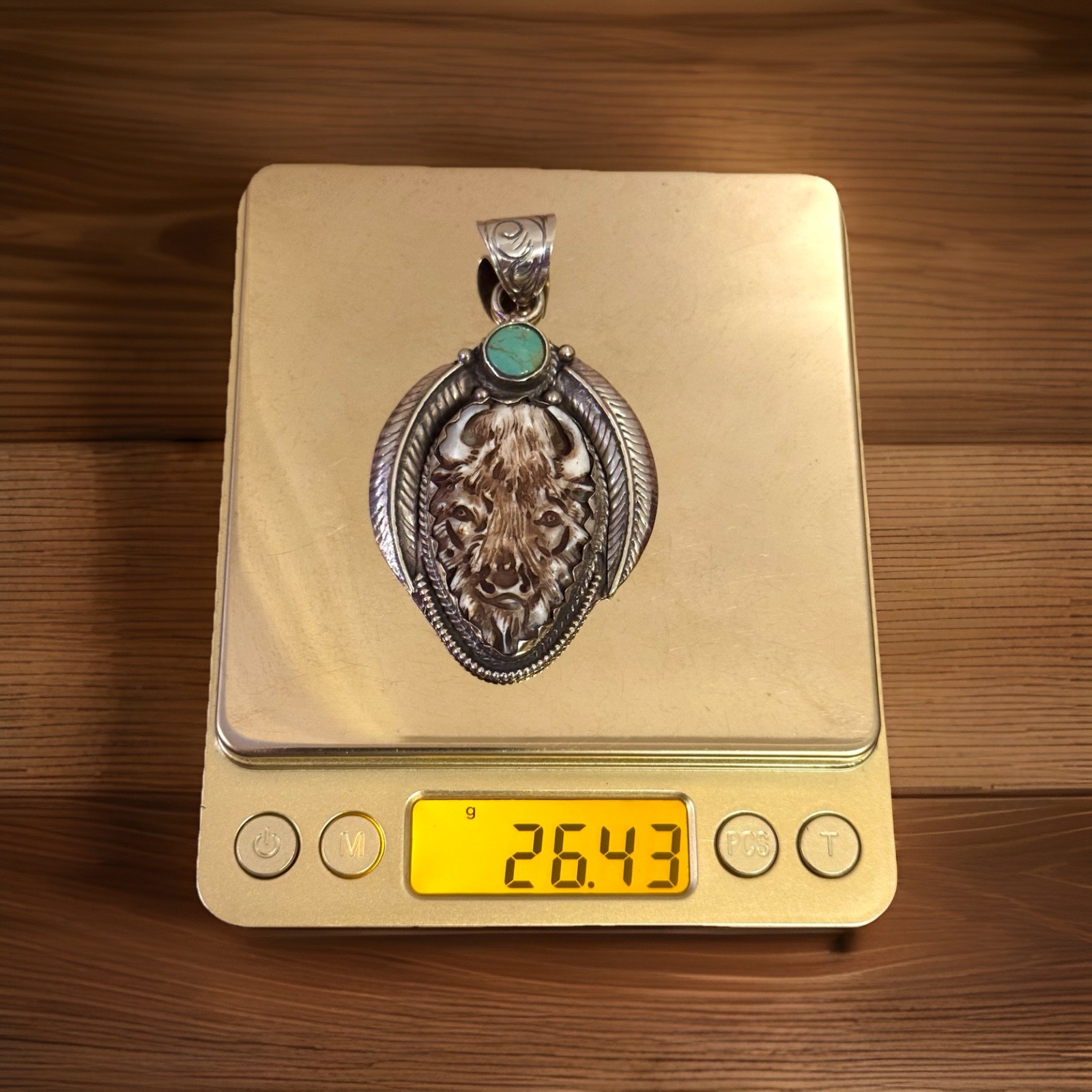 Hand Carved Bone Pendant,Bison Art,Auspicious Floral Carving,Turquoise & Silver