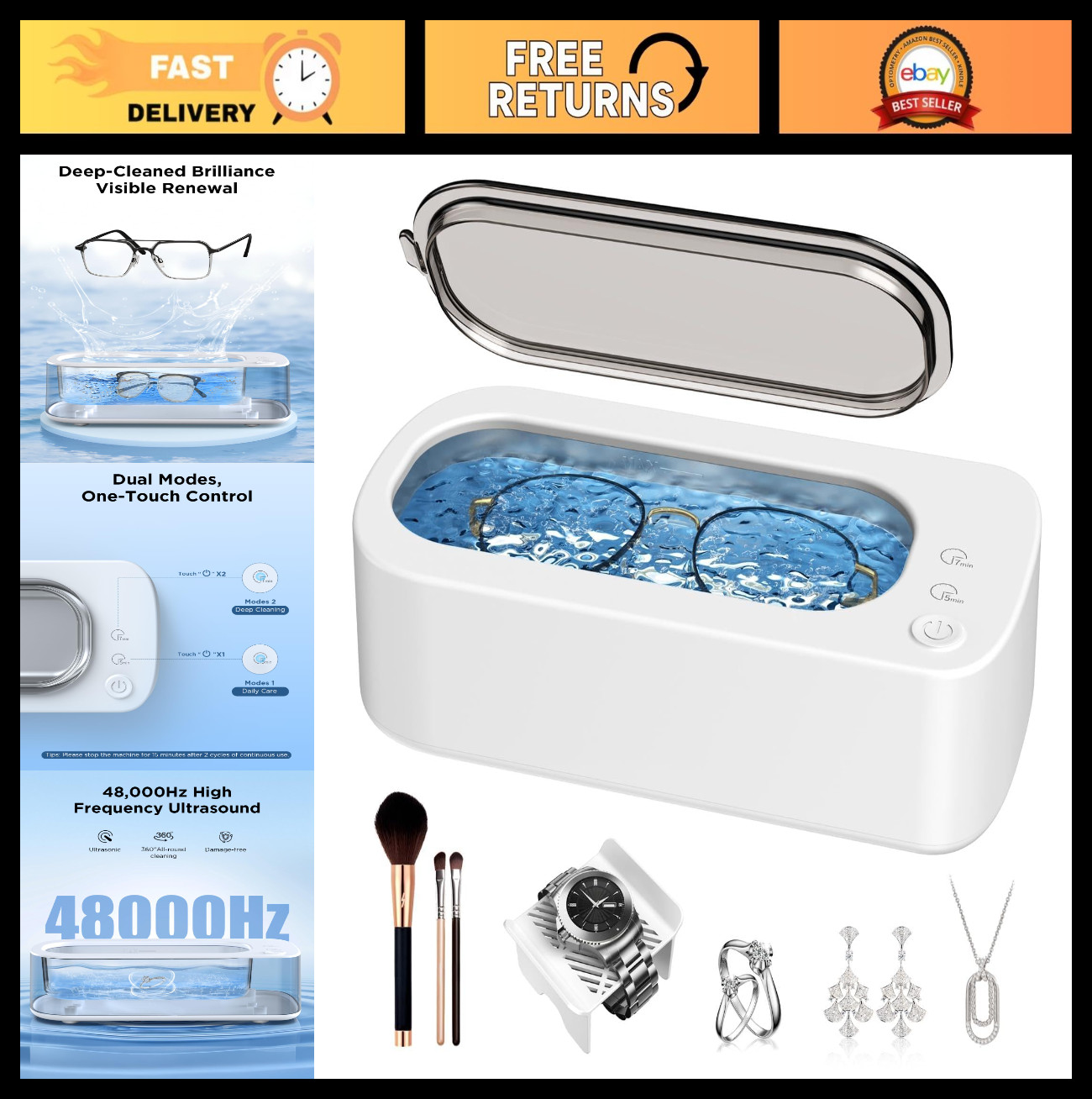 Ultrasonic Jewelry Cleaner 48KHz – Dual Mode 350ML Stainless Steel Tank for Ring