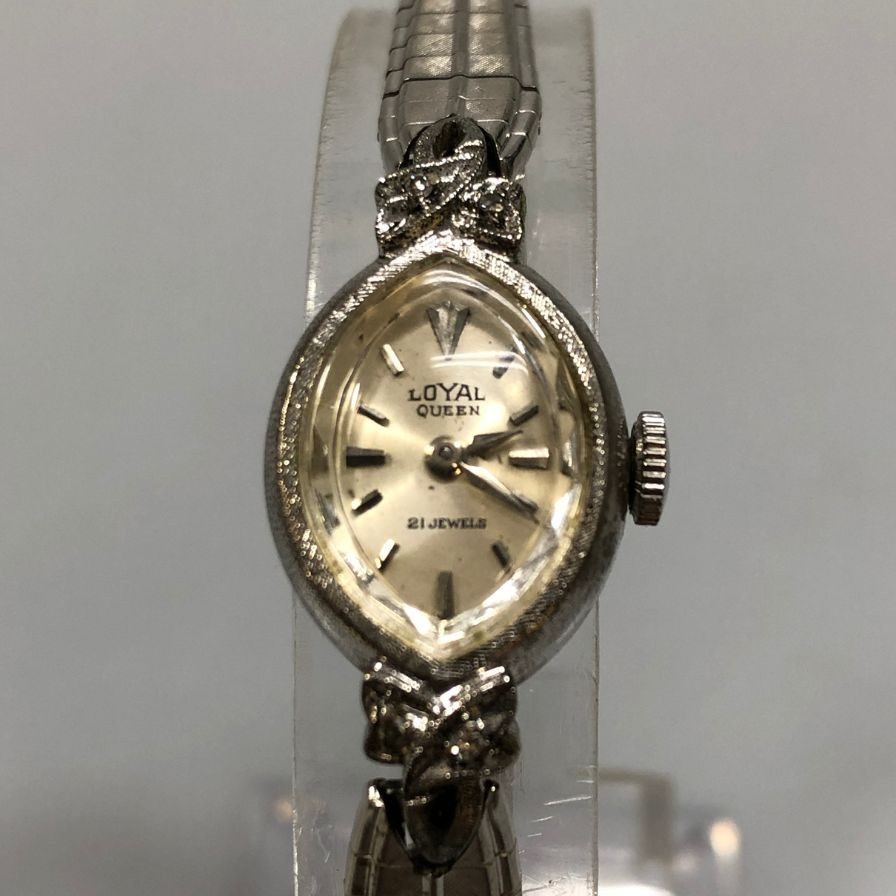 [A1R] Royal Queen Manual Wind Watch 21 Jewels Stone Silver Ladies [g3s]