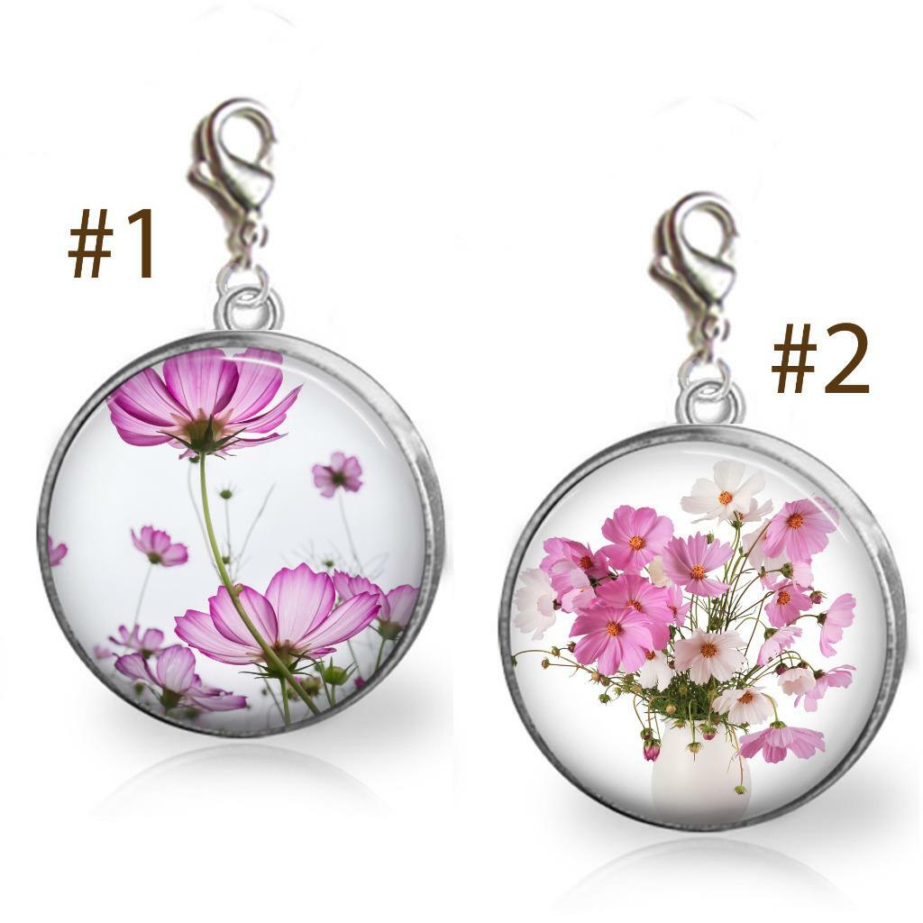 Pink Cosmos Flowers Glass Top 20mm Clip On Charm for Bracelet Handmade Jewelry
