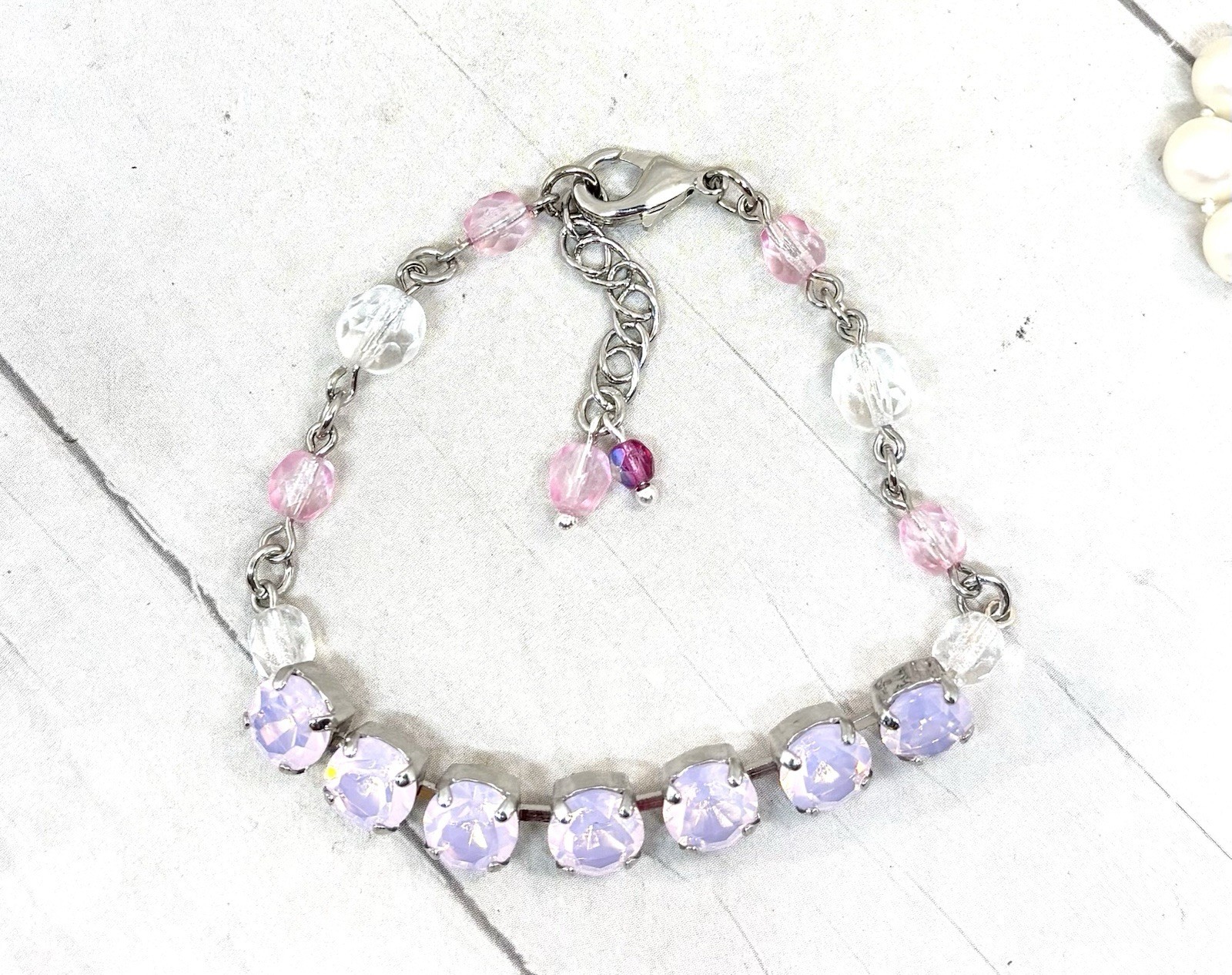 8mm Shiny Silver Plated Beaded Pink Opal Crystal Tennis Cup Chain Bracelet