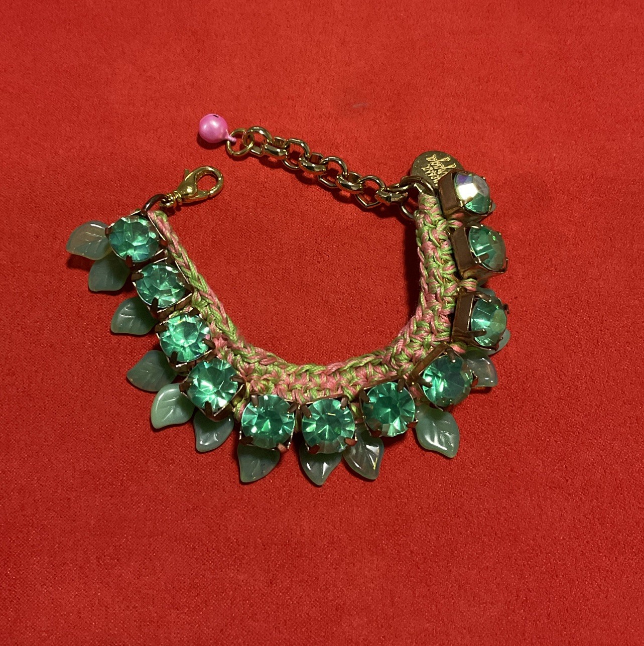 Venessa Arizaga Handcrafted Crochet Bracelet Faceted Green Crystals Leaf Charms