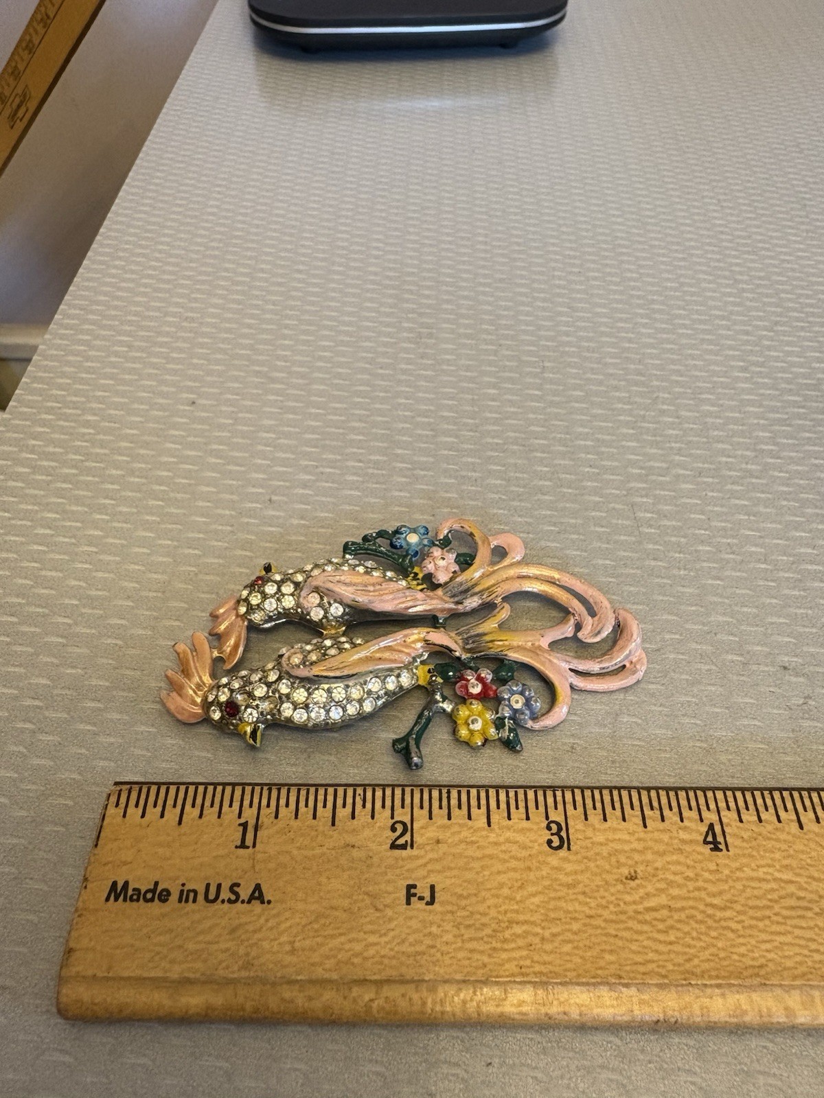 Unsigned Coro 40s Vintage Bird of Paradise Pair Brooch Pink Enamel Rhinestone