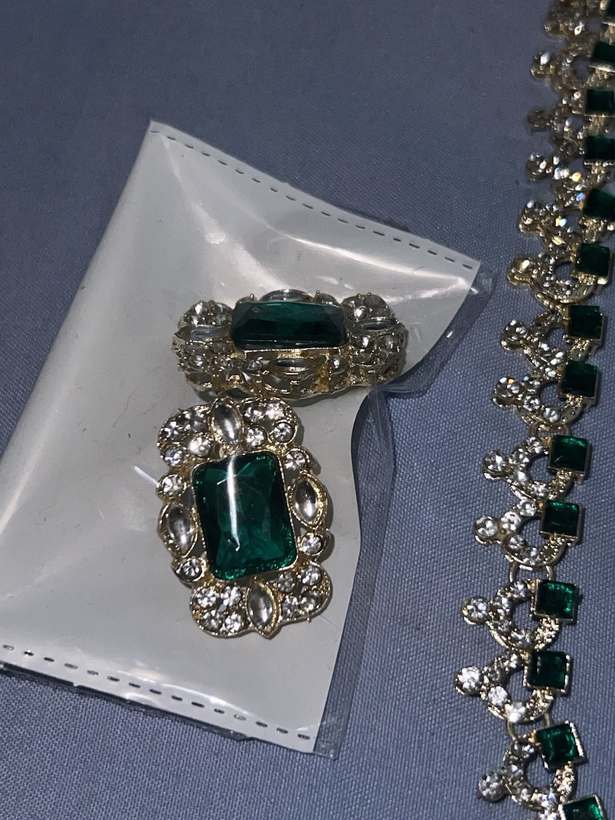 Asian Ethnic Green and Silver Jewelry Set Necklace Ring Rectangular Stone