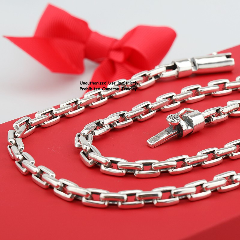 Solid S925 Sterling Silver Chain Men Women Square O Link Necklace