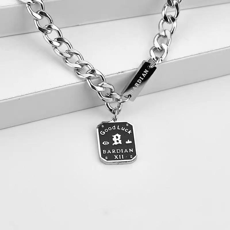 Minimal Figaro Chain Tag Pendant Necklace Stainless Silver Tone Unisex Jewelry