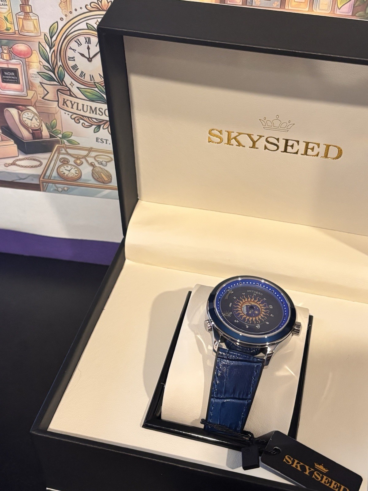 SKYSEED Celestial Blue Automatic Wristwatch, Exhibition Caseback, Leather Band