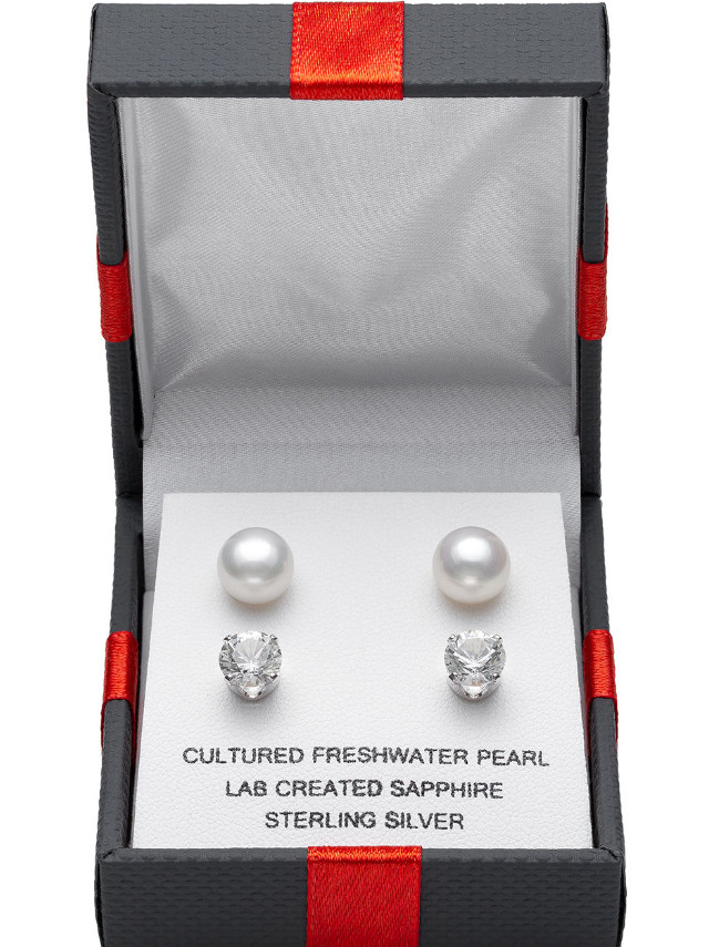 White Sapphire Lab Created & Cultured Freshwater Pearl 2 Pair Stud Earring Set