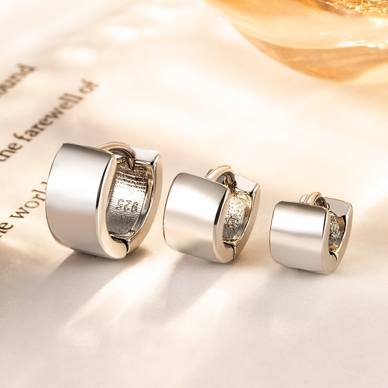 Women Girl Wide Band Small 925 Sterling Silver Plain Huggie Hoop Earrings A33