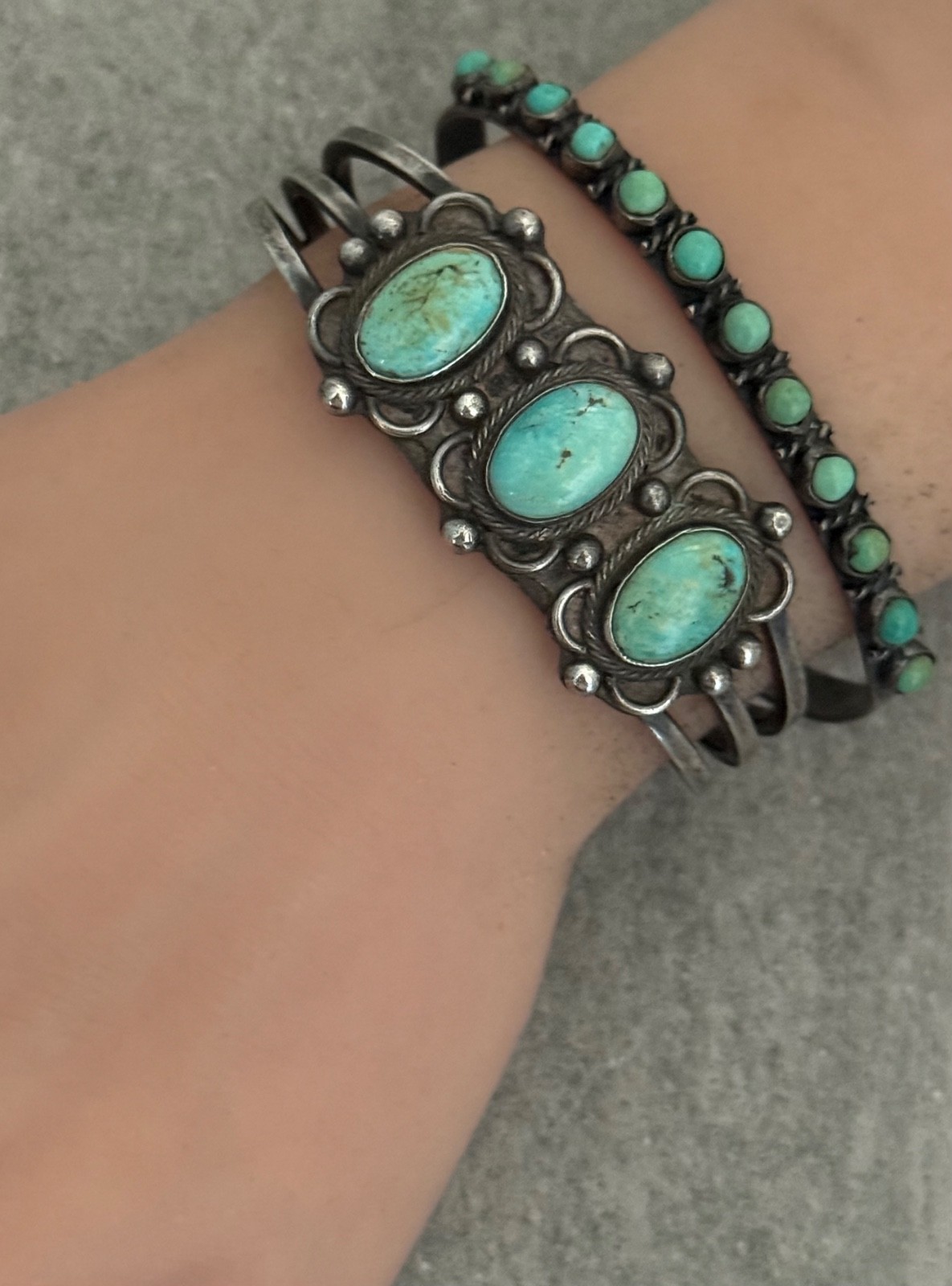 OLD Vintage Native American Navajo THREE Turquoise Silver Bracelet 6.3 in