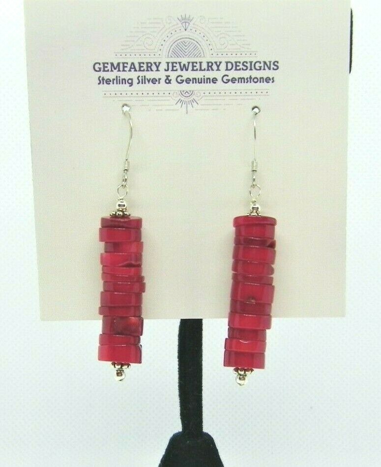 Sterling Silver Stacked Natural CORAL Dangle Earrings #1149…Handmade USA