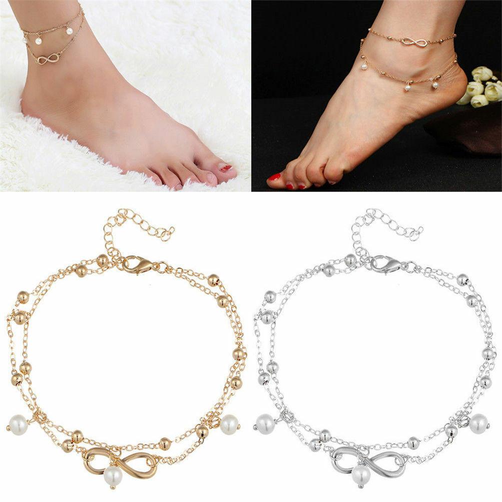 Women Double Ankle Bracelet 925 Silver Anklet Foot Jewelry Girl’s Beach Chain