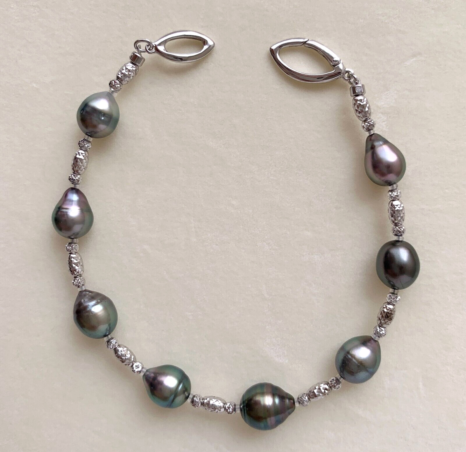 7-9mm Black Green Baroque Tahitian cultured pearl Bracelet sterling sliver,7.6″