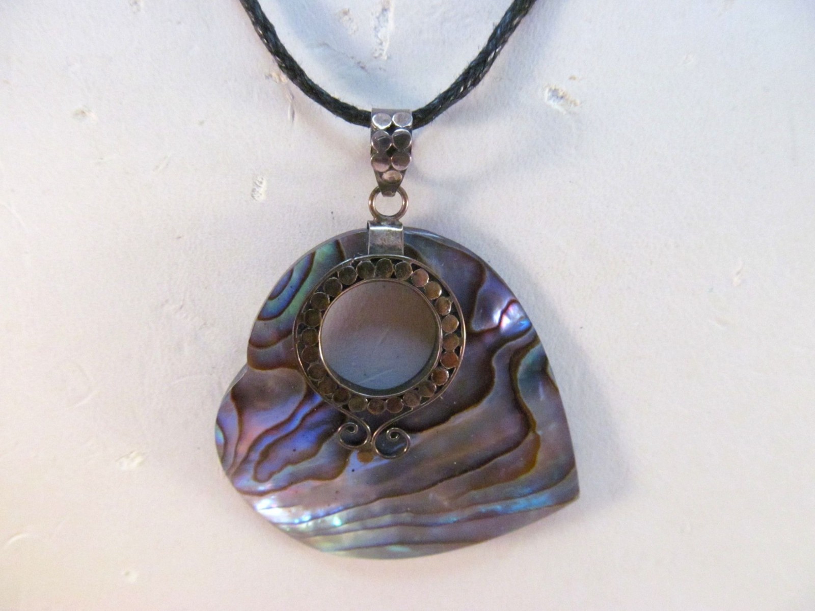 Abalone Heart Shell Sterling Silver Pendant Necklace on Adjustable Cotton Cord