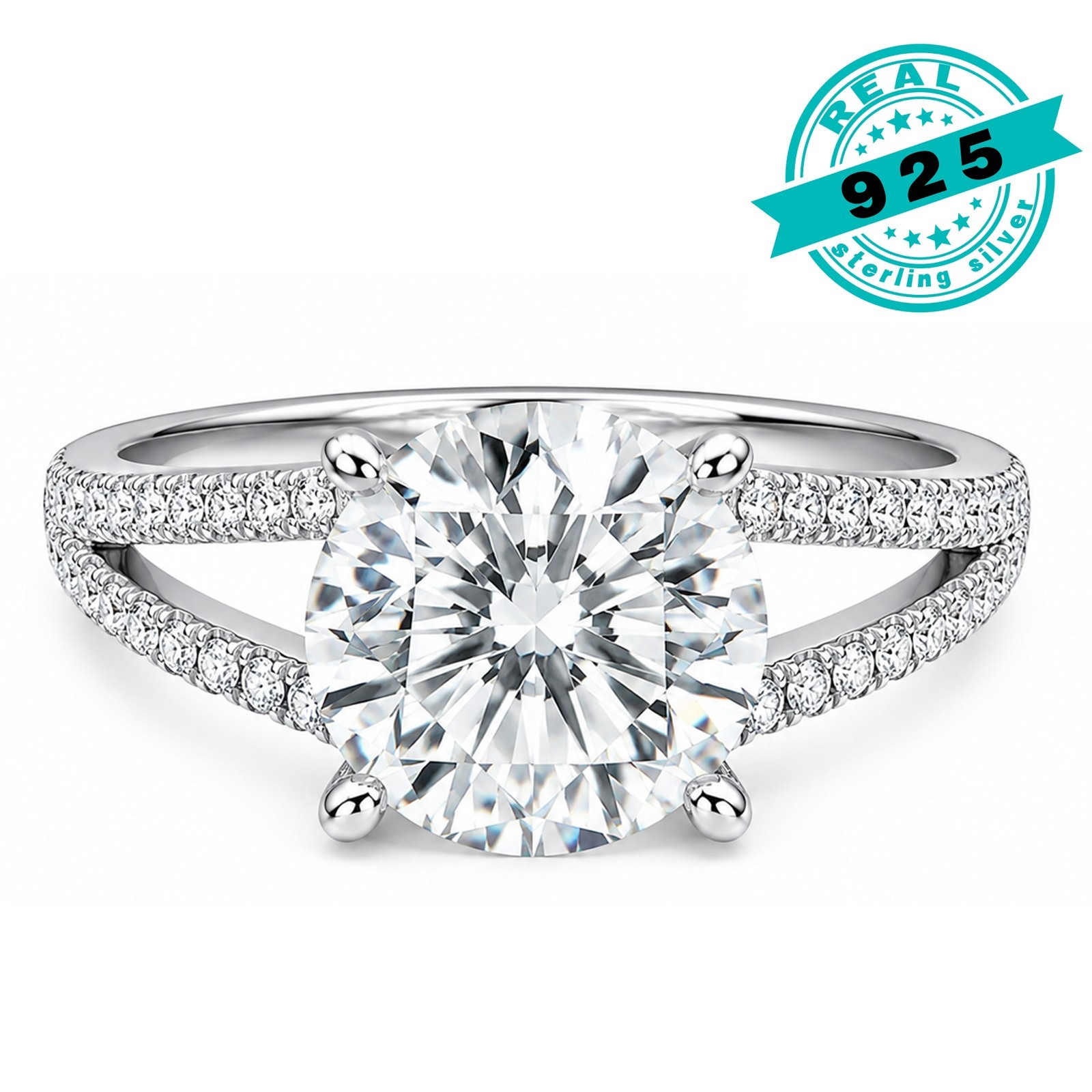 3 Carat Round Cut Moissanite Split Shank Engagement Ring Hidden Halo 925 Silver