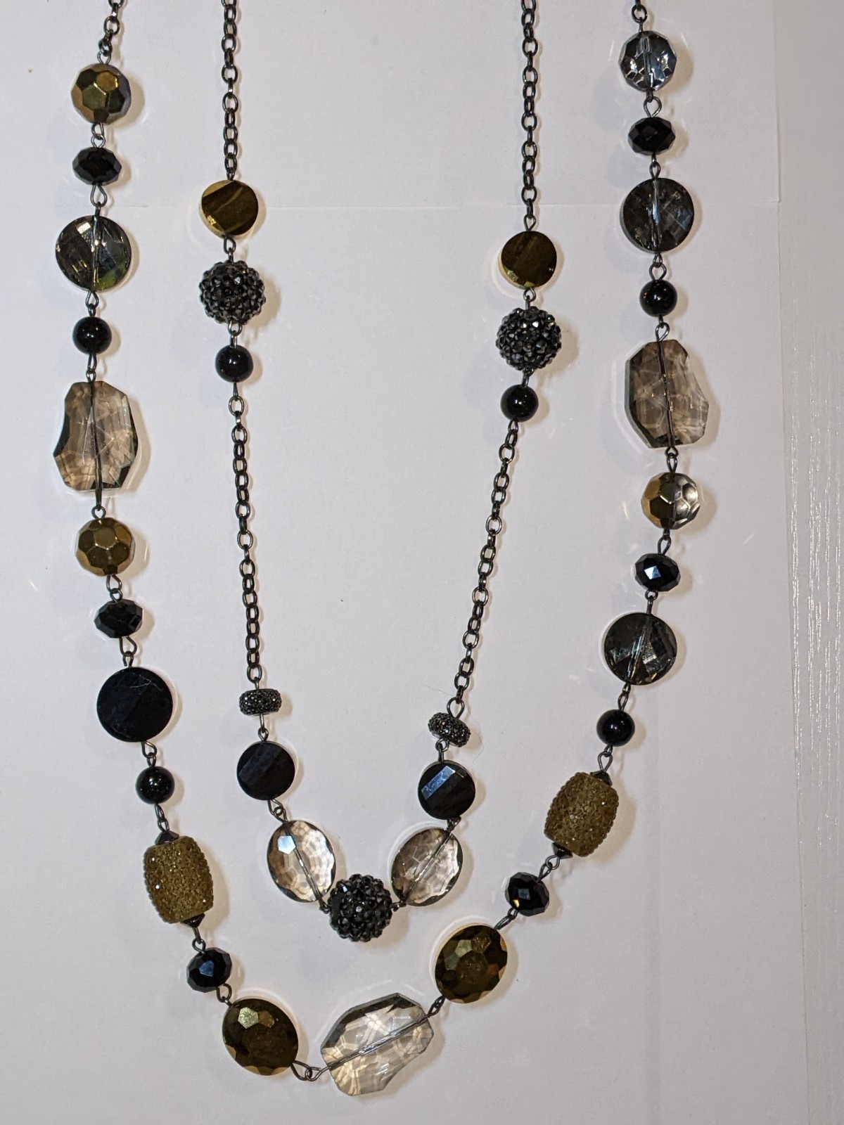 Women Necklace 2 Strand Black Gray Yellow Beads Stone Costume Jewelry Statement