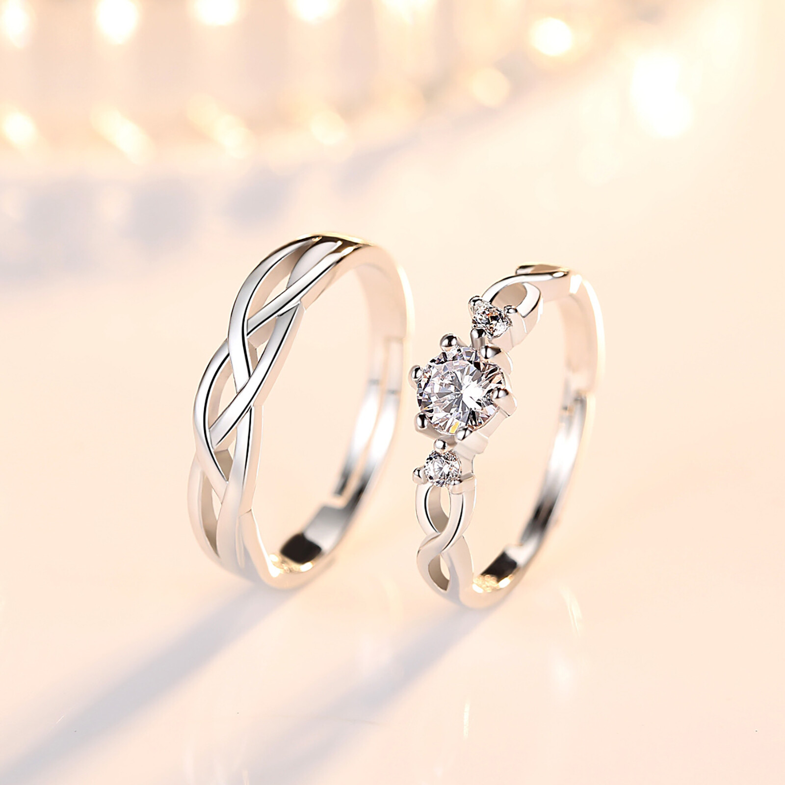 2pc Couple His&Hers Wedding Ring Engagement Promise Stainless Steel CZ Open Band