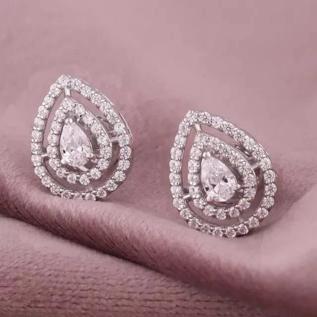 2Ct Pear Cut Lab Created Diamond Halo Wedding Stud Earring 14K White Gold Plated