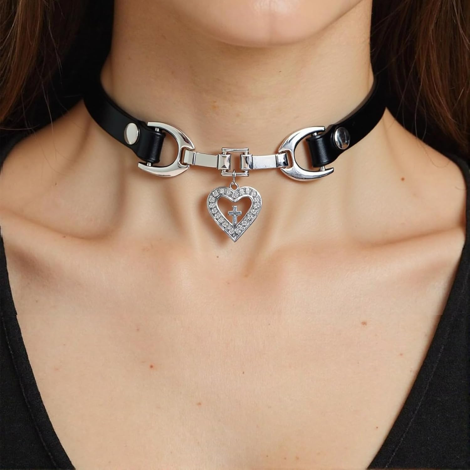 Black Choker Necklace for Women Handmade PU Leather Chokers CZ Heart Cross Penda
