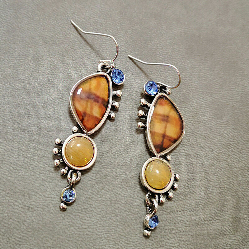 Unique New Silver Plated Resin Agate & Gemstone Hook Dangle Drop Earrings