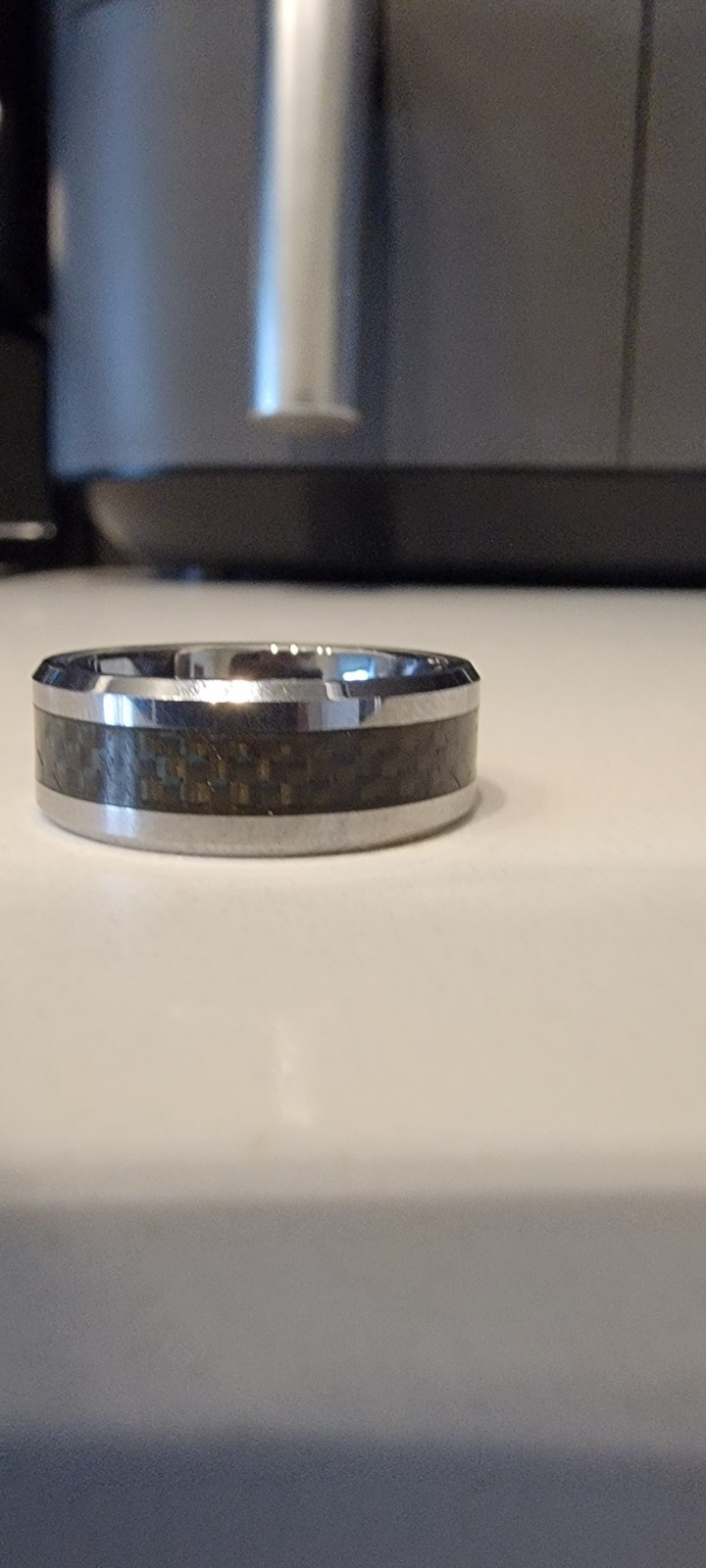 Tungsten wedding ring men- Size: 9.75(61.4 mm) Silver with black and gray design